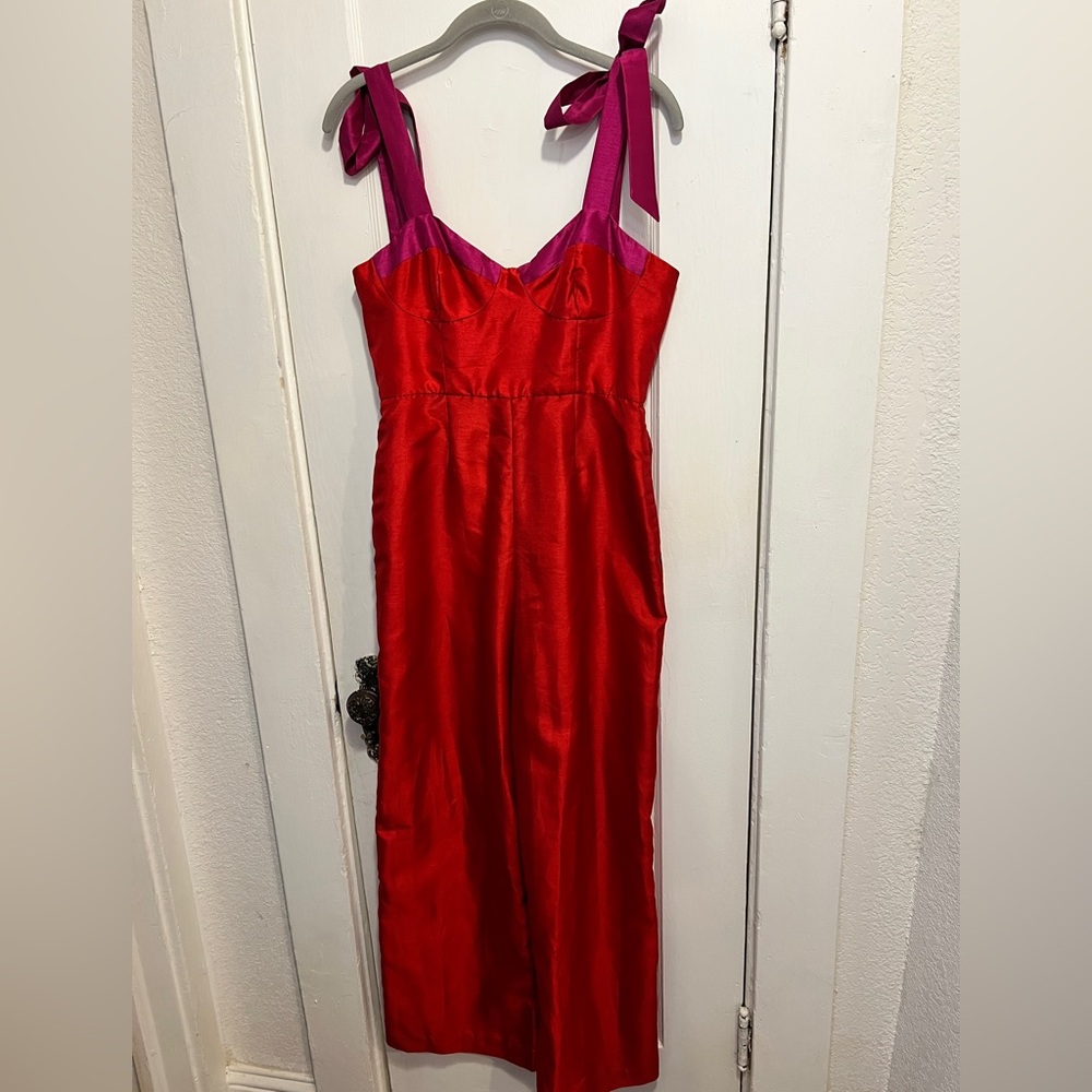 HUTCH Wide-Leg Jumpsuit Bow Straps Red & Fuchsia Bustier Top Anthropologie - Picture 4 of 13
